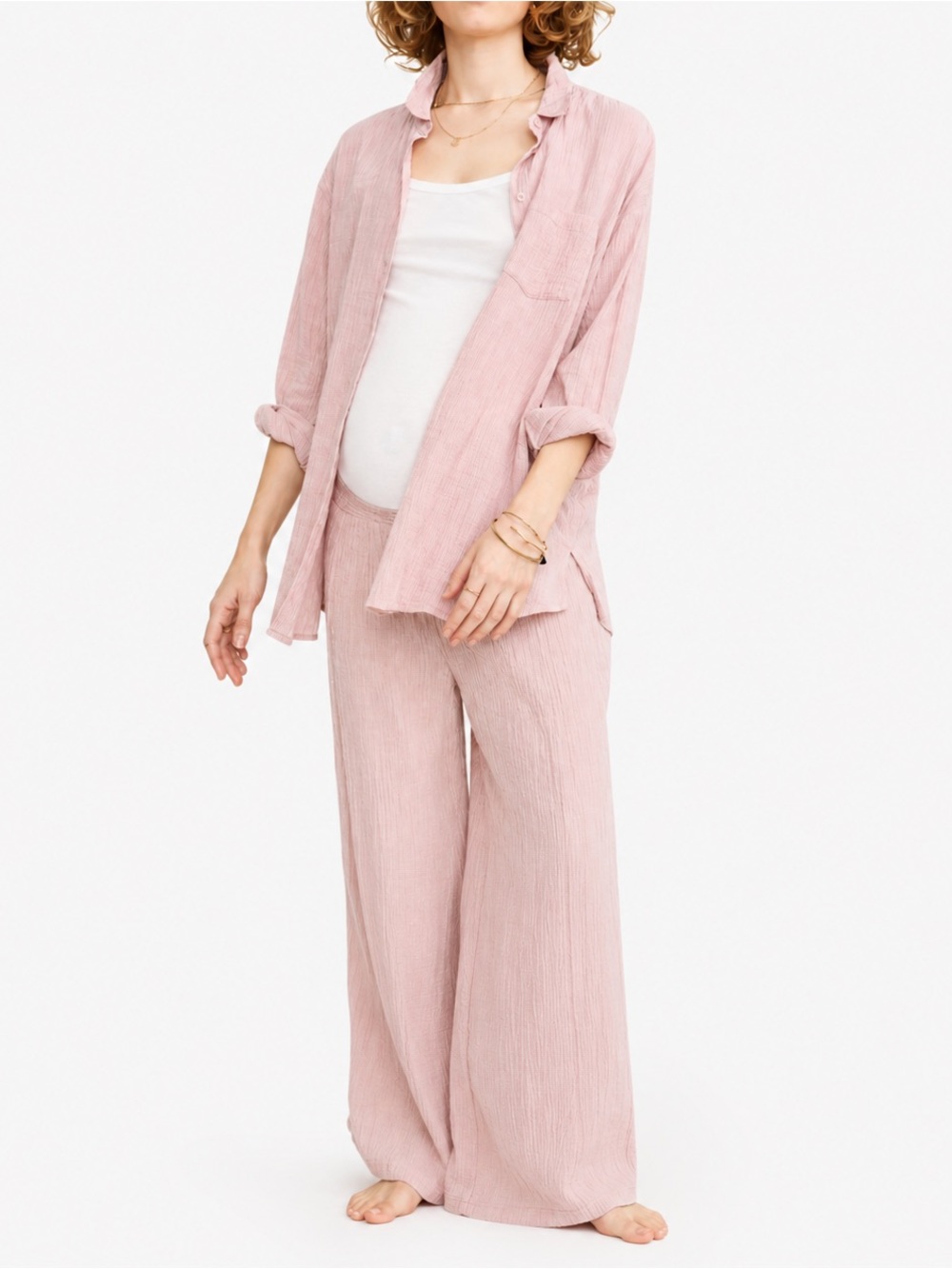 HATCH Maternity Boyfriend Cotton Gauze Button Down Shirt Pink XS
